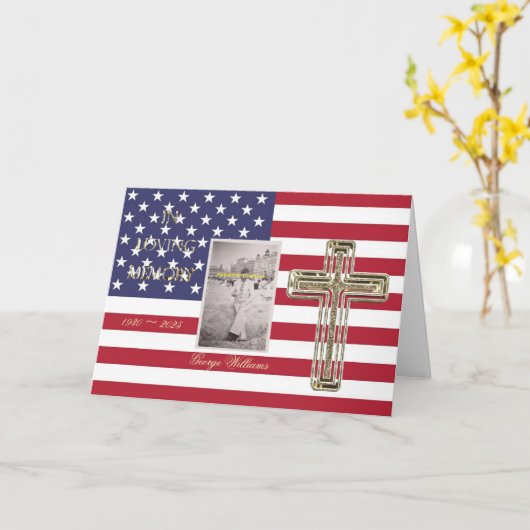 インラヴィング・メモリー・宗教的黄金の十字写真USA カード (黄色い花)