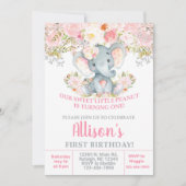 インヴィタシオンピンク象と花の少女の誕生日 招待状 (正面)