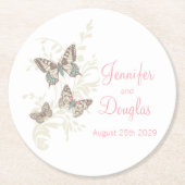 イン結婚クのアート蝶ピンクの紙コースター ラウンドペーパーコースター (正面)