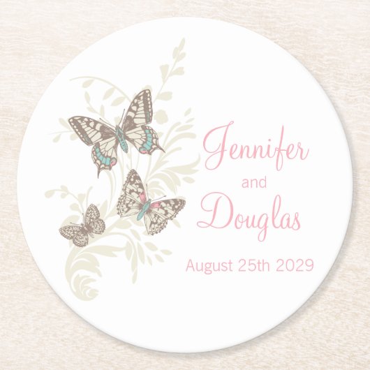 イン結婚クのアート蝶ピンクの紙コースター ラウンドペーパーコースター (正面)