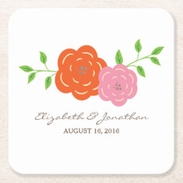 イン開花オレンジピンクフローラ紙コースター スクエアペーパーコースター