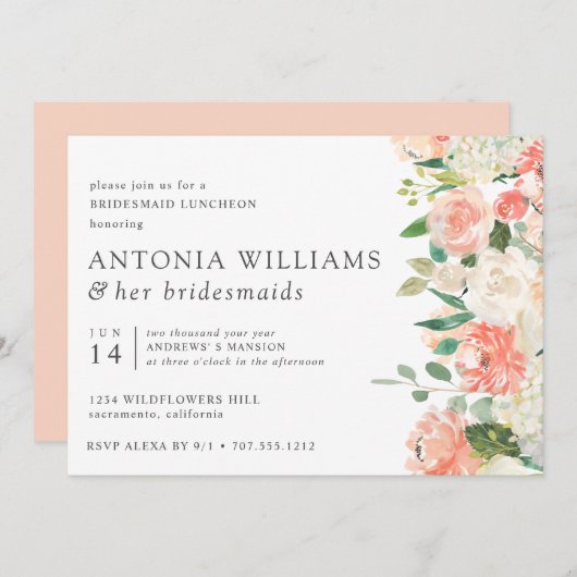 イン開花フローラピーチピンクブリデスメイドランチョン 招待状 (正面/裏面)