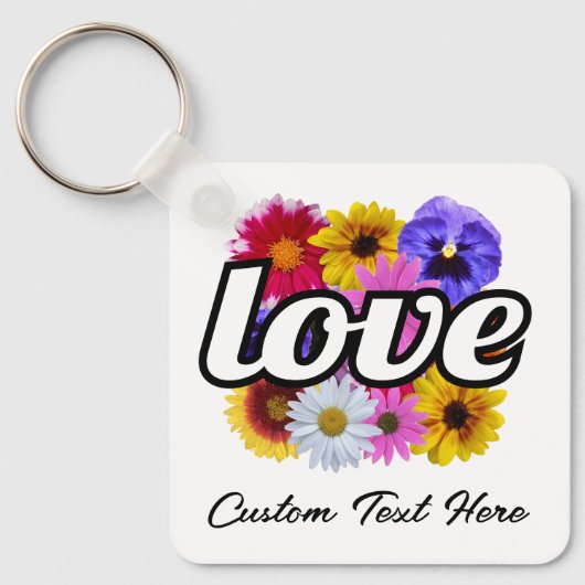 イン開花 – 愛とスクエアフローラブーケ キーホルダー (正面)