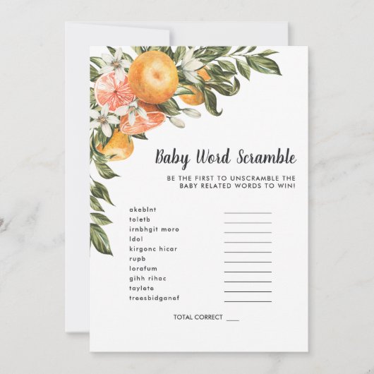 イン開花 |赤ちゃんシャワーワードスクランブルゲームカード 招待状 (正面)