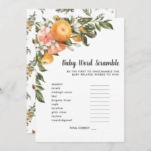 イン開花 |赤ちゃんシャワーワードスクランブルゲームカード 招待状 (正面/裏面)