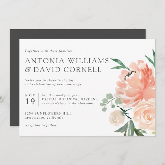 イン開花 | Chic Botanical Pinkフローラ結婚のInv 招待状 (正面/裏面)