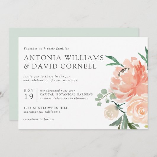 イン開花 | Chic Botanical Pinkフローラ結婚のInv 招待状 (正面/裏面)