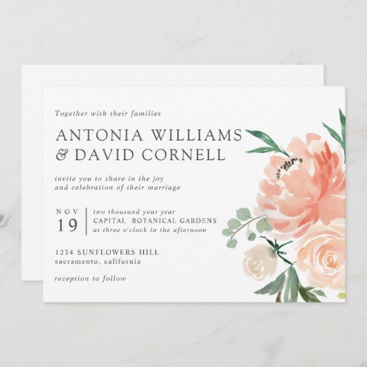 イン開花 | Chic Botanical Pinkフローラ結婚のInv 招待状 (正面/裏面)