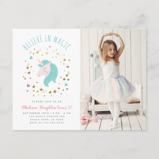 イン魔法金ゴールドスターズユニコーンフォト誕生日 インビテーションポストカード (正面)