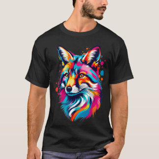 イン鮮やかク(ばちゃばちゃ)跳ねるポップ・アートのキツネカラフル Tシャツ