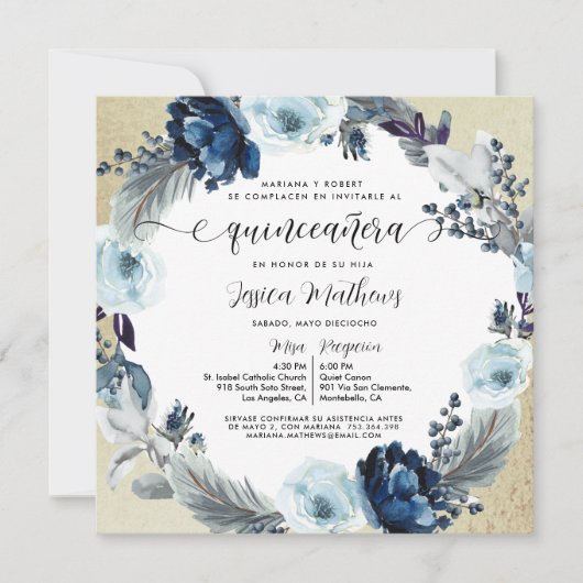 イン，シスペインのックブルーと金ゴールド,フローラキンセアニラ 招待状 (正面)