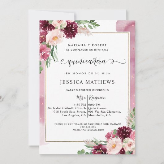 イン，バスペインのルガンディとピンクのフローラキンセアニラ 招待状 (正面)