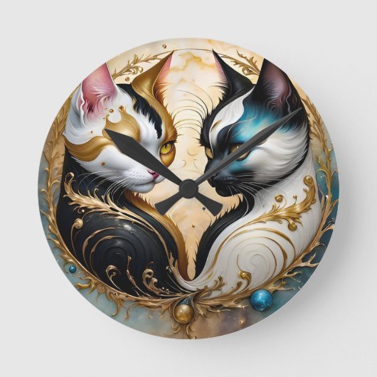 イン・ヤン猫と魔法の宇宙要素 ラウンド壁時計 (正面)