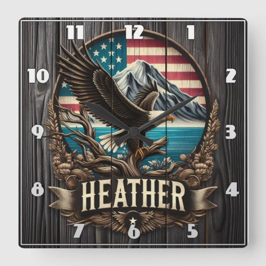 イーグルがアメリカの風景に対抗して枝に止まった スクエア壁時計 (正面)