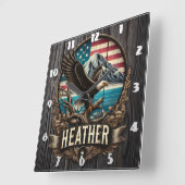 イーグルがアメリカの風景に対抗して枝に止まった スクエア壁時計 (傾斜)