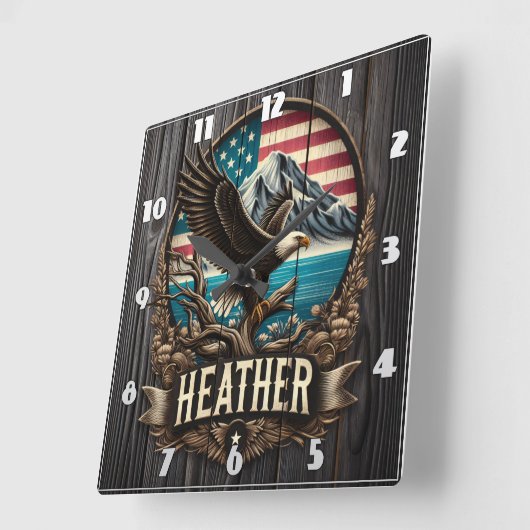 イーグルがアメリカの風景に対抗して枝に止まった スクエア壁時計 (傾斜)