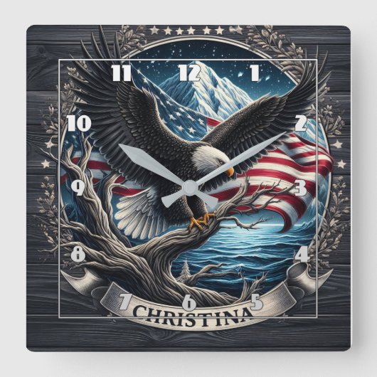 イーグルがアメリカ国旗を掲げて山の上を舞う スクエア壁時計 (正面)