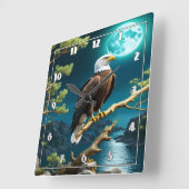 イーグルが夜空の下のブランチに止まる スクエア壁時計 (傾斜)