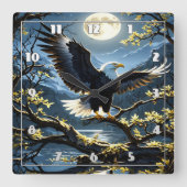 イーグルが夜空の下の枝に翼を広げる スクエア壁時計 (正面)