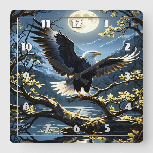 イーグルが夜空の下の枝に翼を広げる スクエア壁時計 (正面)
