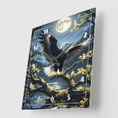 イーグルが夜空の下の枝に翼を広げる スクエア壁時計 (傾斜)