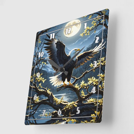 イーグルが夜空の下の枝に翼を広げる スクエア壁時計 (傾斜)