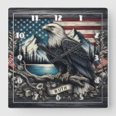 イーグルが山を背景に枝張り スクエア壁時計 (正面)