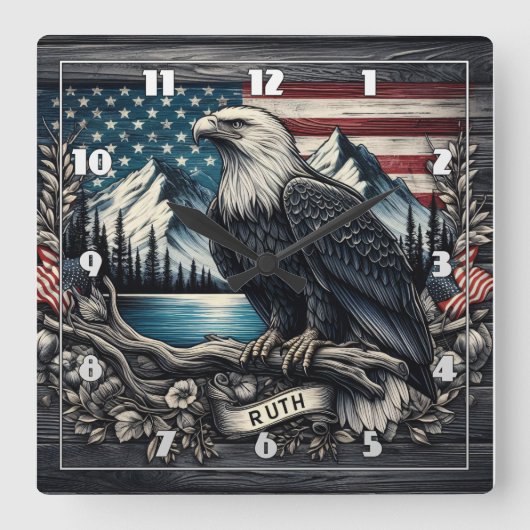 イーグルが山を背景に枝張り スクエア壁時計 (正面)