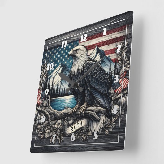 イーグルが山を背景に枝張り スクエア壁時計 (傾斜)