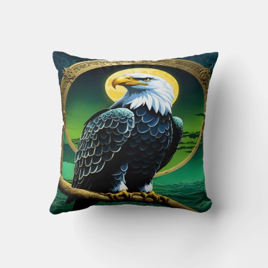 イーグルが月に照らされた空の下の枝に止まった クッション (裏面)