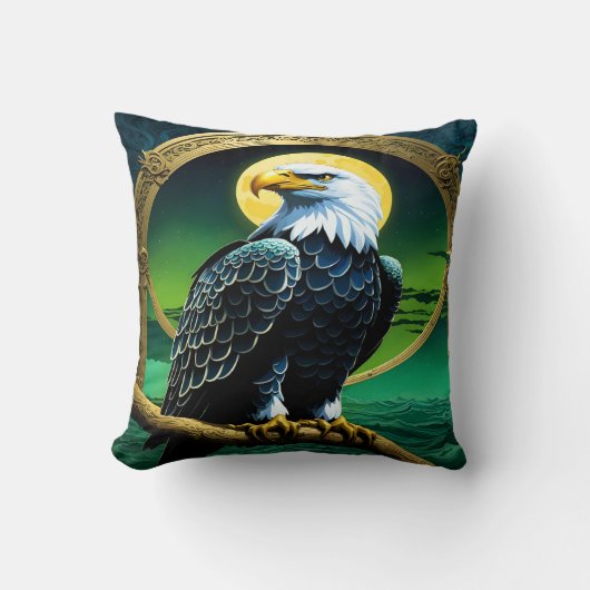 イーグルが月に照らされた空の下の枝に止まった クッション (正面)