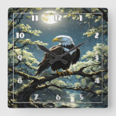 イーグルが月に照らされた空の下の枝に止まった スクエア壁時計 (正面)
