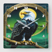 イーグルが月に照らされた空の下の枝に止まった スクエア壁時計 (正面)