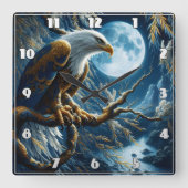イーグルが月に照らされた空の下の枝に止まった スクエア壁時計 (正面)