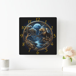 イーグルが月に照らされた空の下の枝に止まった スクエア壁時計