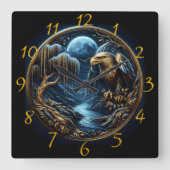 イーグルが月に照らされた空の下の枝に止まった スクエア壁時計 (正面)