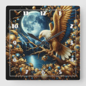 イーグルが月に照らされた空の下の枝に止まった スクエア壁時計 (正面)