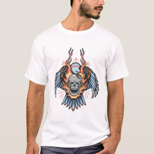 イーグルと燃えるスカルの古いスタイルタトゥー Tシャツ