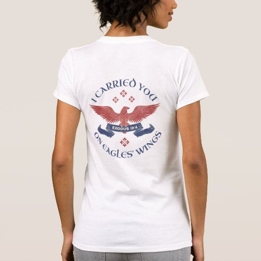 イーグルの翼 聖書 出エジプト記 19:4 赤/青 Tシャツ (裏面)