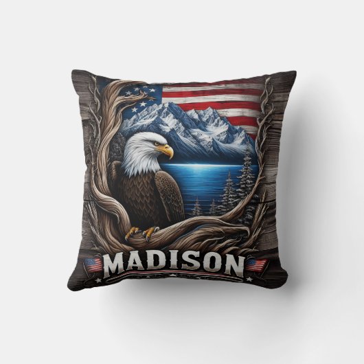 イーグルは山とアメリカ国旗の中に囲まれた クッション (裏面)