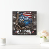 イーグルは山とアメリカ国旗の中に囲まれた スクエア壁時計 (ホーム)