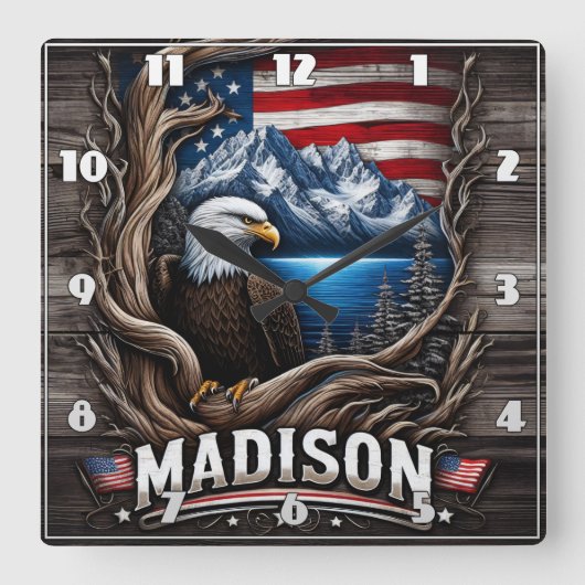 イーグルは山とアメリカ国旗の中に囲まれた スクエア壁時計 (正面)