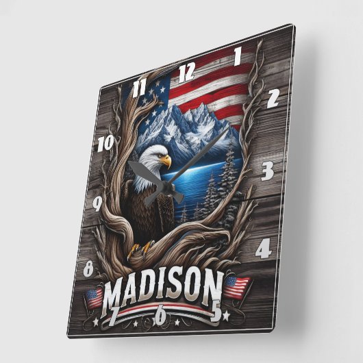 イーグルは山とアメリカ国旗の中に囲まれた スクエア壁時計 (傾斜)