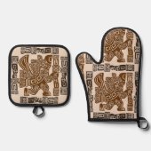 イーグルアステカウォリアー部族古代アート 鍋つかみ&鍋敷きセット (正面)