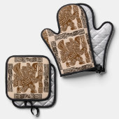 イーグルアステカウォリアー部族古代アート 鍋つかみ&鍋敷きセット (正面/裏面)