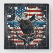 イーグルオンブランチとアメリカ国旗 スクエア壁時計 (正面)