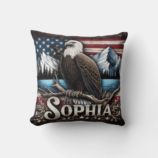 イーグルオンブランチ付き山と旗 クッション (正面)