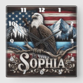 イーグルオンブランチ付き山と旗 スクエア壁時計 (正面)