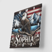 イーグルオンブランチ付き山と旗 スクエア壁時計 (傾斜)