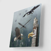 イーグルズトーテムポール&フォレストファンタジーアートクロック スクエア壁時計 (傾斜)